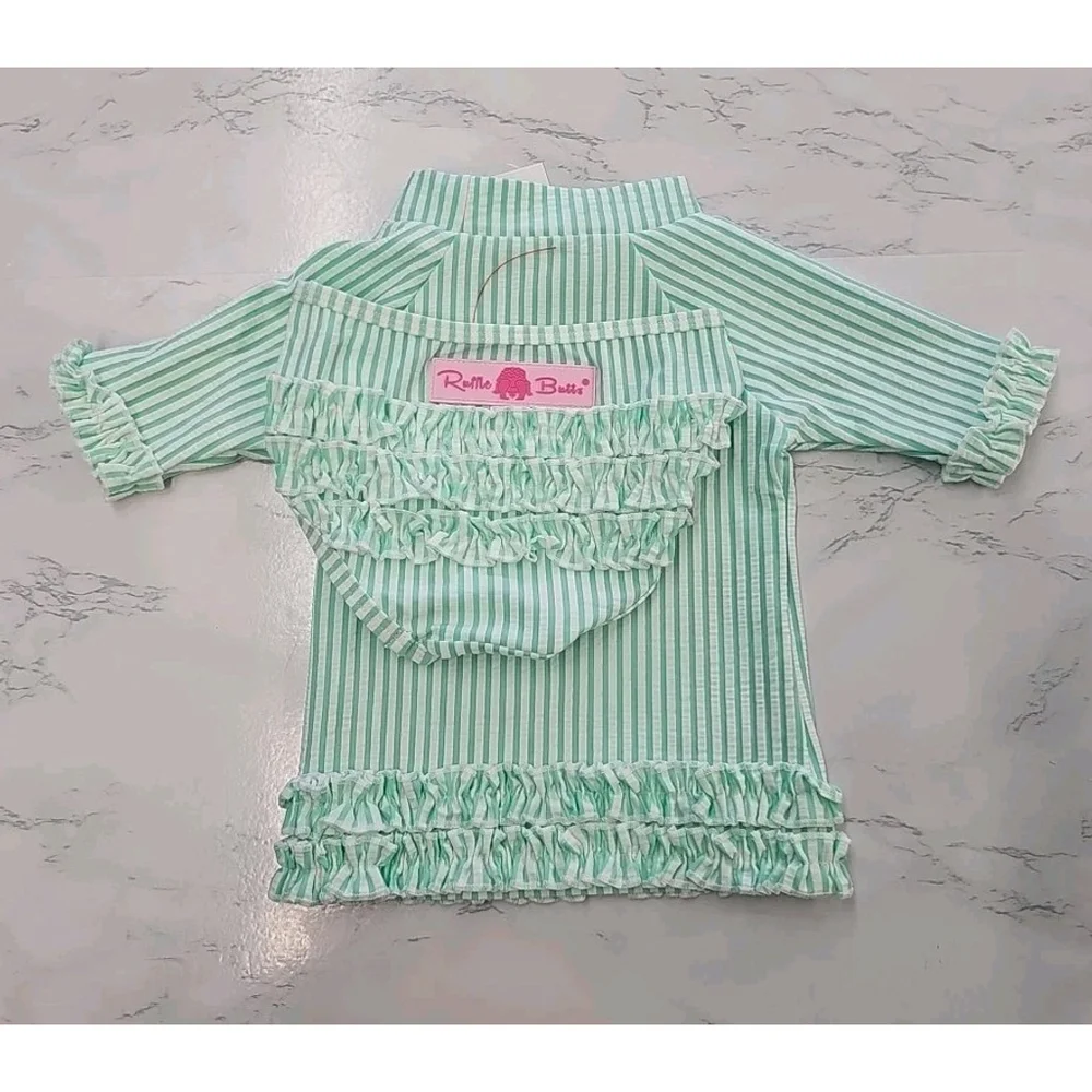 Ruffle Butts Seersucker Long Sleeve Swimsuit Baby Girls 6-12 Months